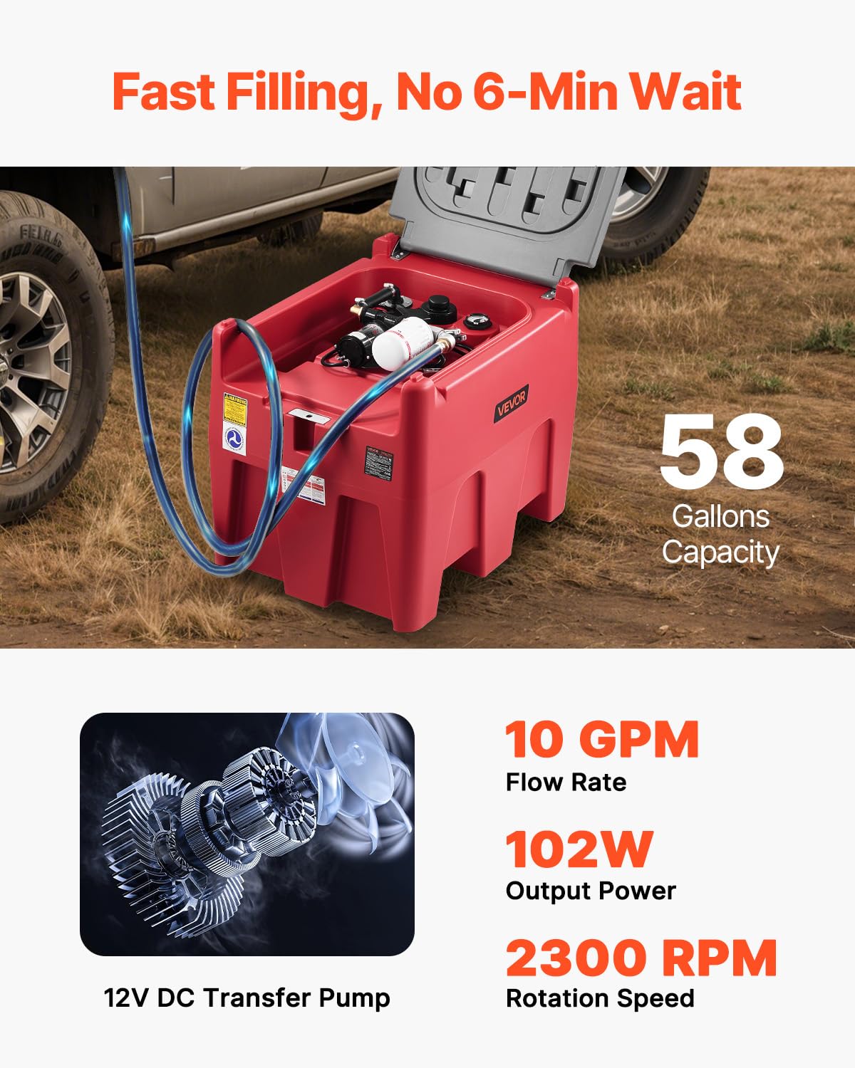 VEVOR Tanque Portátil para Diésel y Gasolina de 220 L con Bomba de Transferencia Eléctrica, Manguera de 3,8 m y Boquilla de Repostaje Automática, Tanque para Transporte de Combustible, Rojo
