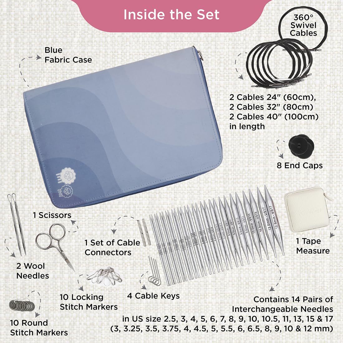 KnitPro Set de Agujas Intercambiables Nova Grande - Pares de Alfileres Circulares de 14 x 13 cm con Accesorios Set Nova Grande para Principiantes, Profesionales y Caja de Regalo