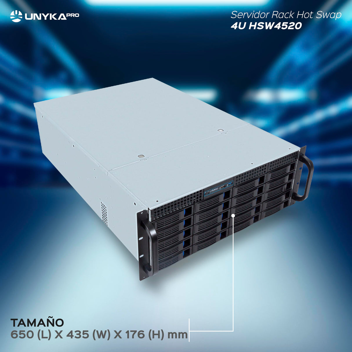 UNYKAch Caja Rack 19" 4U Hot Swap (Sustitución de Bahías en Caliente) HSW4520 ATX, 20 Bahías, para Discos de 3,5″ o 2.5”, 3 Ventiladores de 120 mm y 2 de 80 mm, 1 USB 2.0 y 1 USB 3.0