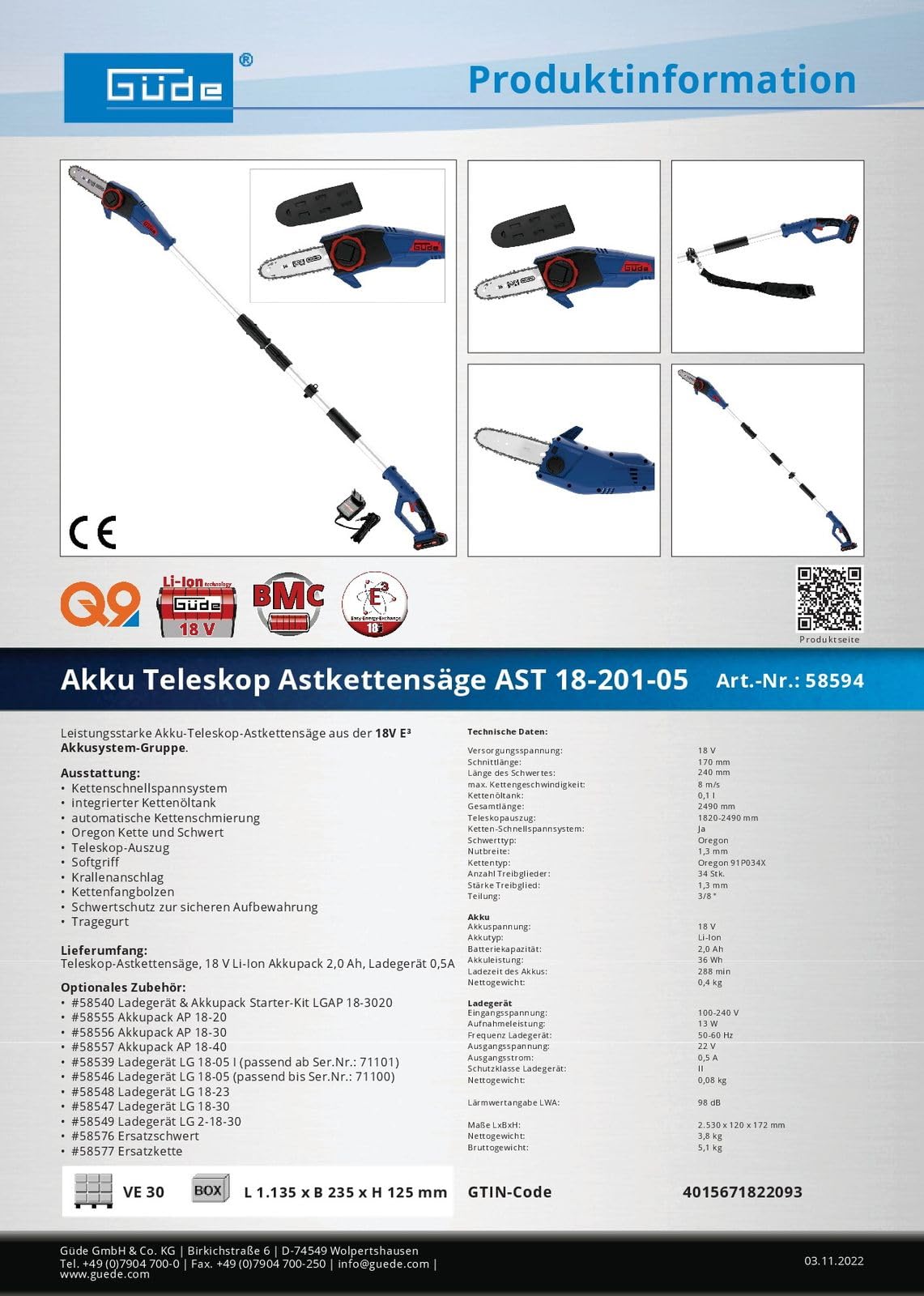 Güde 58594 AST 18-201-05 - Motosierra telescópica (18 V, ion de litio, intercambio de energía, batería y cargador)