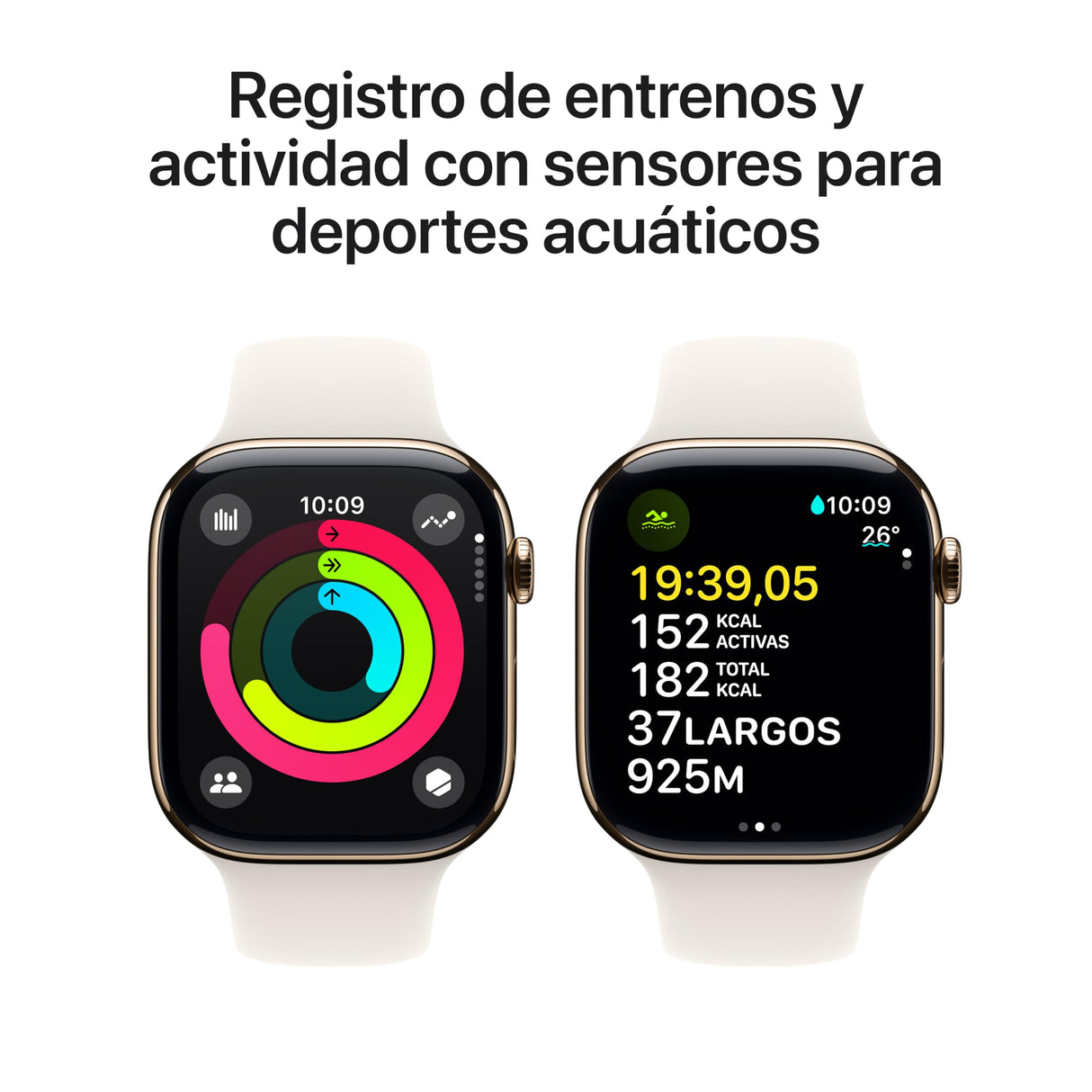 Apple Watch Series 10 GPS + Cellular Smartwatch con Caja de Titanio Oro de 46 mm y Correa Deportiva Blanco Estrella - Talla S/M. Monitor de entreno, App ECG, Pantalla Retina Siempre Activa