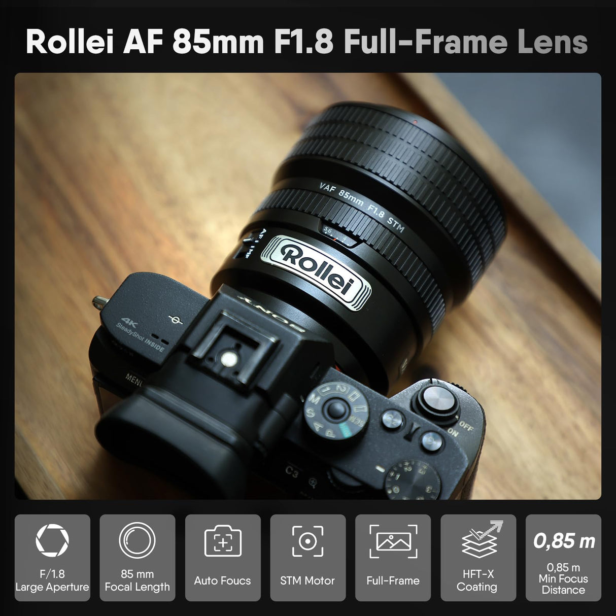 Rollei AF 85 mm F/1.8 Objetivo Fotograma Completo para Sony FE con Autofoco STM | Cuerpo de Metal 477g Compatible con APS-C FX30/ZV-E10/A6000–A6700/A5000/A5100 y Full Frame ZV-E1/FX3/A1/A9/A7 Series