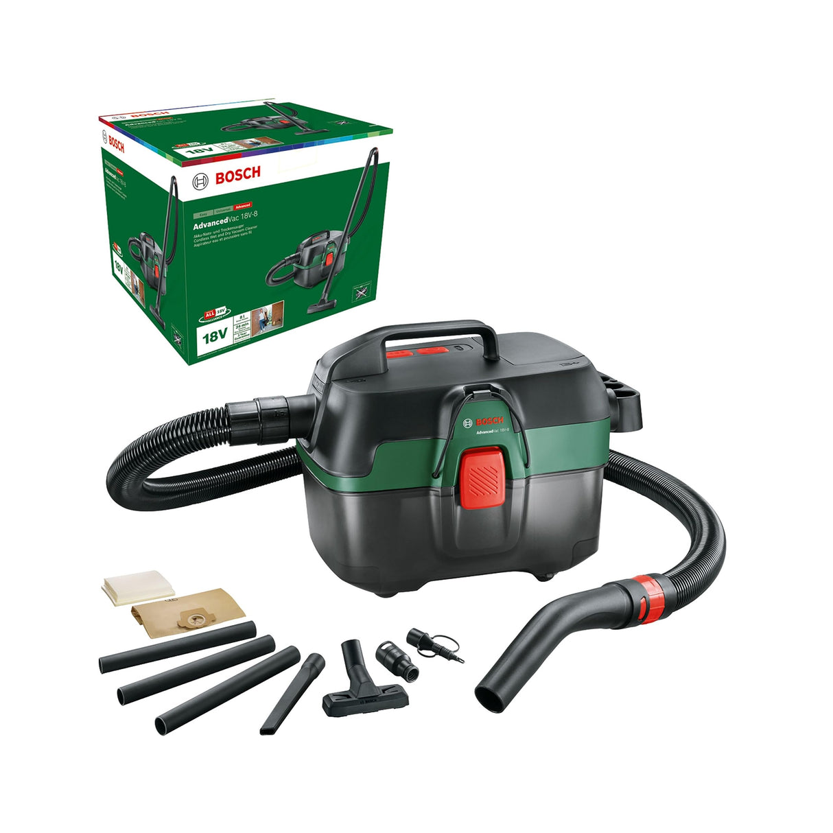Bosch Aspirador en seco y húmedo a batería AdvancedVac 18V-8 (sin batería, Sistema de 18 voltios, Juego de Accesorios Incluido, Embalaje en Caja)