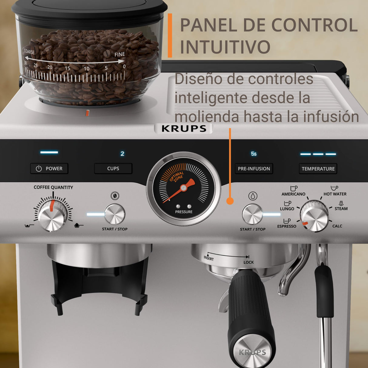 Krups Precision Cafetera profesional para espresso y capuccino,con molinillo integrado y 30 ajustes de molienda,cafetera con ajustes de preinfusión y control de temperatura,Acero inoxidable/Negro