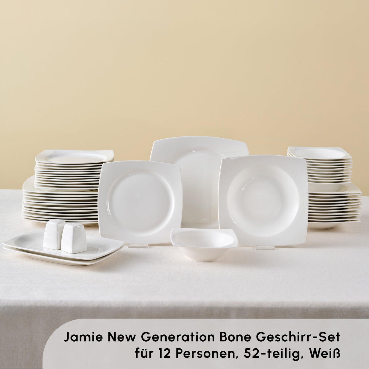Karaca Vajilla Vesta White para 12 personas, 52 piezas, elegante vajilla de porcelana para 12 personas, incluye platos, tazas, cuencos y cubiertos