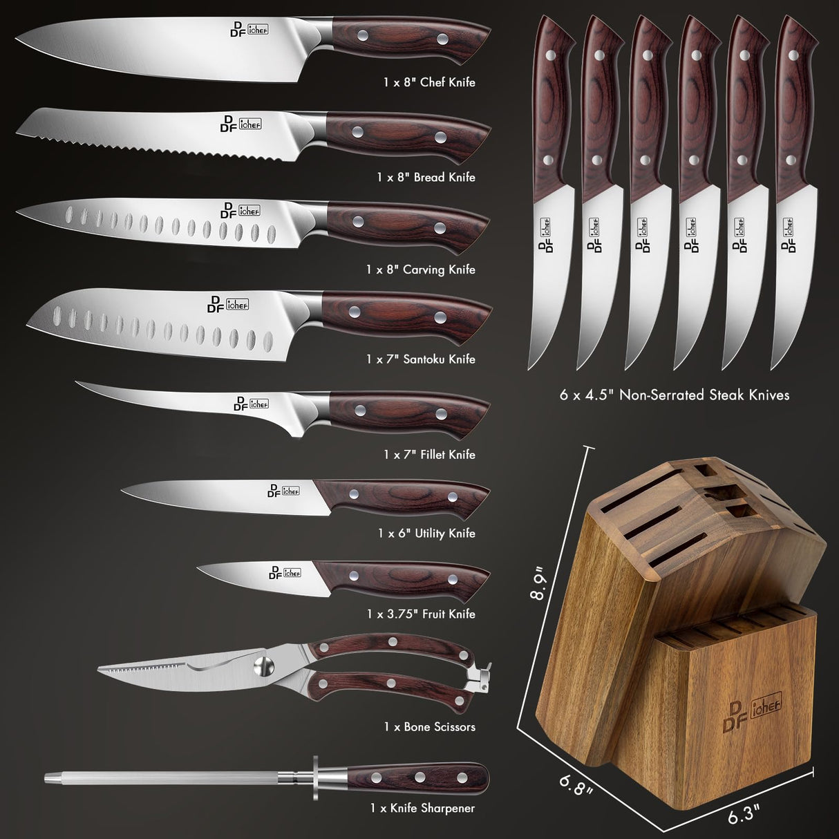 DDF iohEF Juego de Cuchillos de Cocina de 16 Piezas con Bloque, Juego de Cuchillos Cocina Profesional de Acero Inoxidable con Afilador, juego de cuchillos de chef Ultra Afilados con Mango Ergonómico