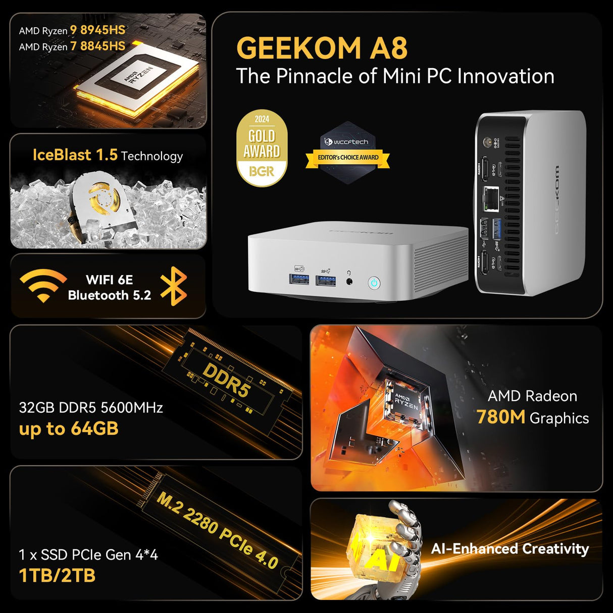 GEEKOM Mini PC A8, AMD Ryzen 7 8845HS (8 núcleos, 16 subprocesos, hasta 5,1 GHz) Mini PC para Juegos Windows 11 Pro 32 GB DDR5 1TB SSD Mini PC | AMD Radeon 780M | Wi-Fi 6E | BT5.2 | 8K | IA |