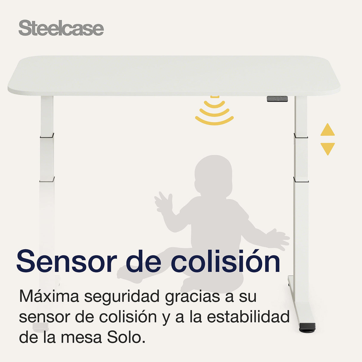 Steelcase Solo Mesa Altura Ajustable Eléctrica para Trabajar de Pie o Sentado, Controlador Programable, Potente motor, Sensor Anticolisión y Red de Gestión de Cables. Acabados en Nieve/Nieve
