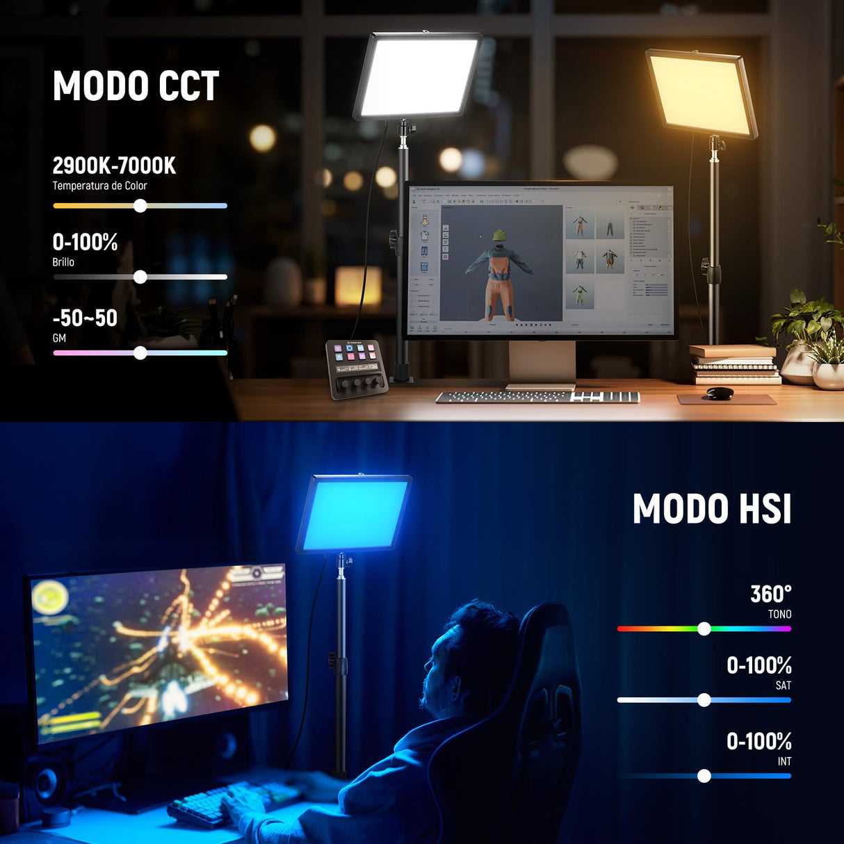 NEEWER GL25C LED RGB Streaming Key Light, App/PC/Stream Deck Control 25W 2500Lux/0.5m 2900K-7000K CRI95+/TLCI97+ Full RGB Regulable Borde Emitiendo Silencio Cámara Video Luz con Soporte de Escritorio