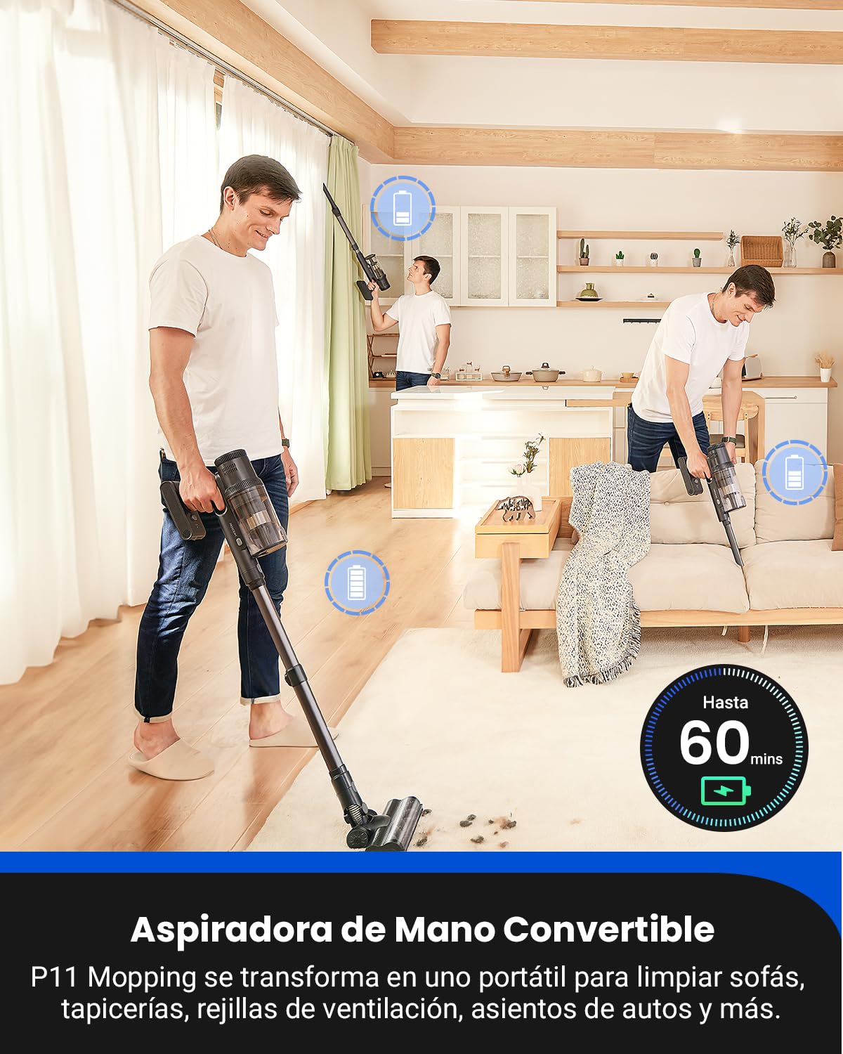 Proscenic P11 Mopping Aspiradora sin Cable y Fregona 2 en 1, 45kPa/550W/60Min Aspiradora Escoba Inalámbrico y Vertical con Batería Antienredos para Alfombras/Suelos Duros/Cortinas/Pelos de Mascotas