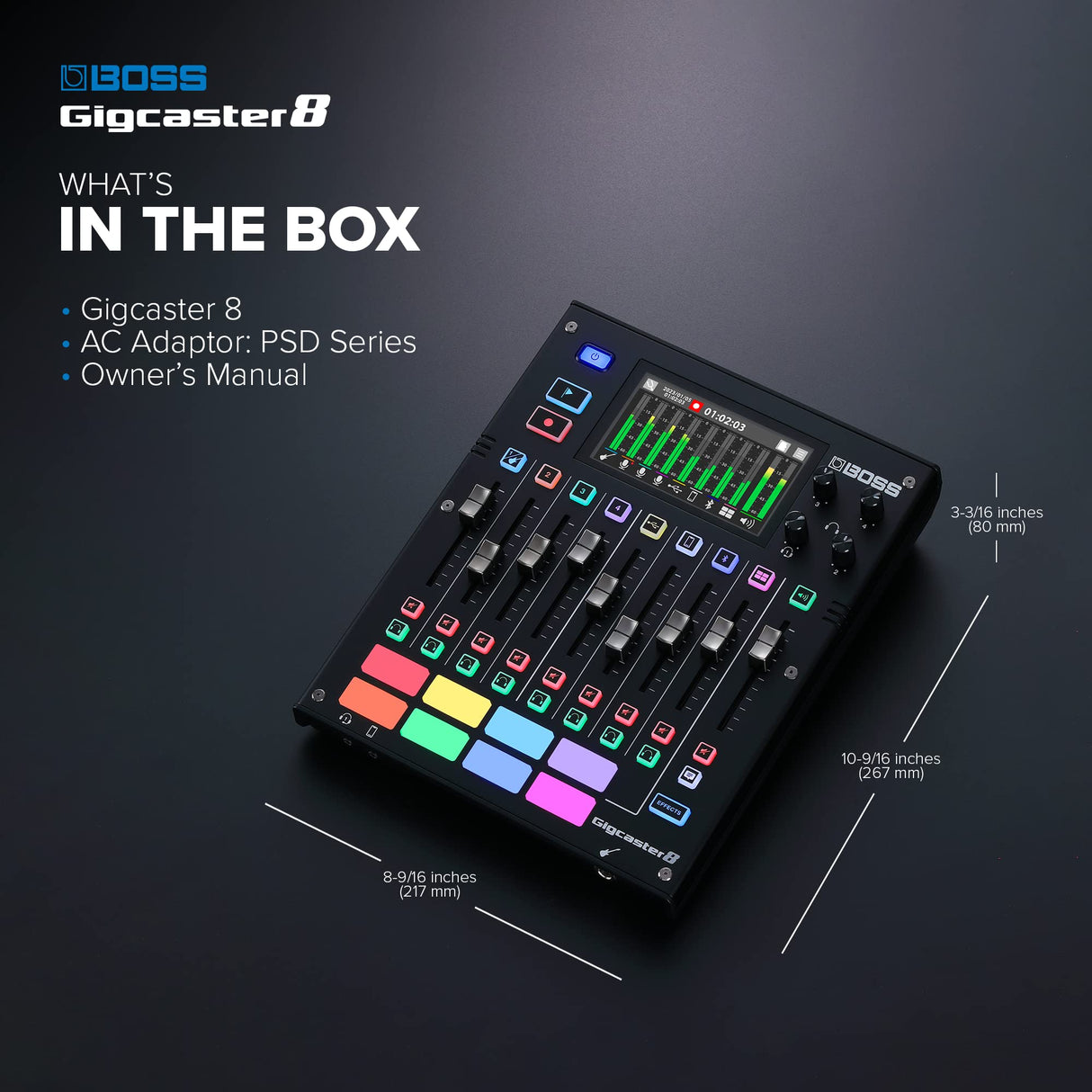 BOSS Gigcaster 8 | Mezclador de streaming de audio de 8 canales con entrada directa de guitarra/bajo | 4 entradas combo XLR/TRS | Micro estéreo integrado | 8 pads SFX | Interfaz de audio USB 20x14
