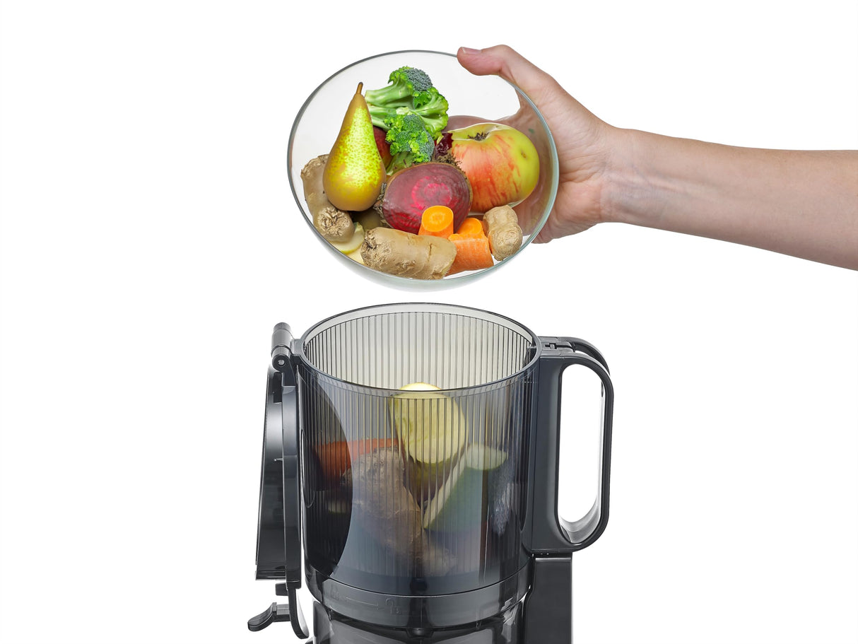 CASO JuiceFit Pro - Licuadoras para zumos y batidos - Slow Juicer con 40 RPM de Velocidad - Abertura grande para frutas enteras - 30% más de jugo - Tamaño Compacto - Jarra 1.000 ml, negra
