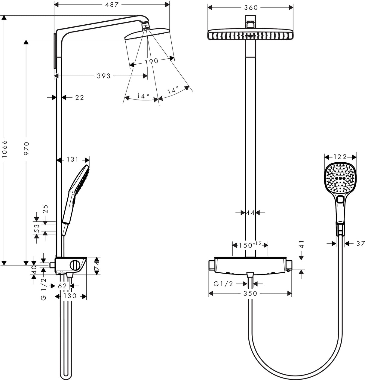hansgrohe Raindance E - sistema de ducha con termostato, ducha lluvia (360 x 190 mm) con grifo, ducha de mano (2 tipos de chorro), flexo, barra, ducha fija rectangular, cromo, 27112000
