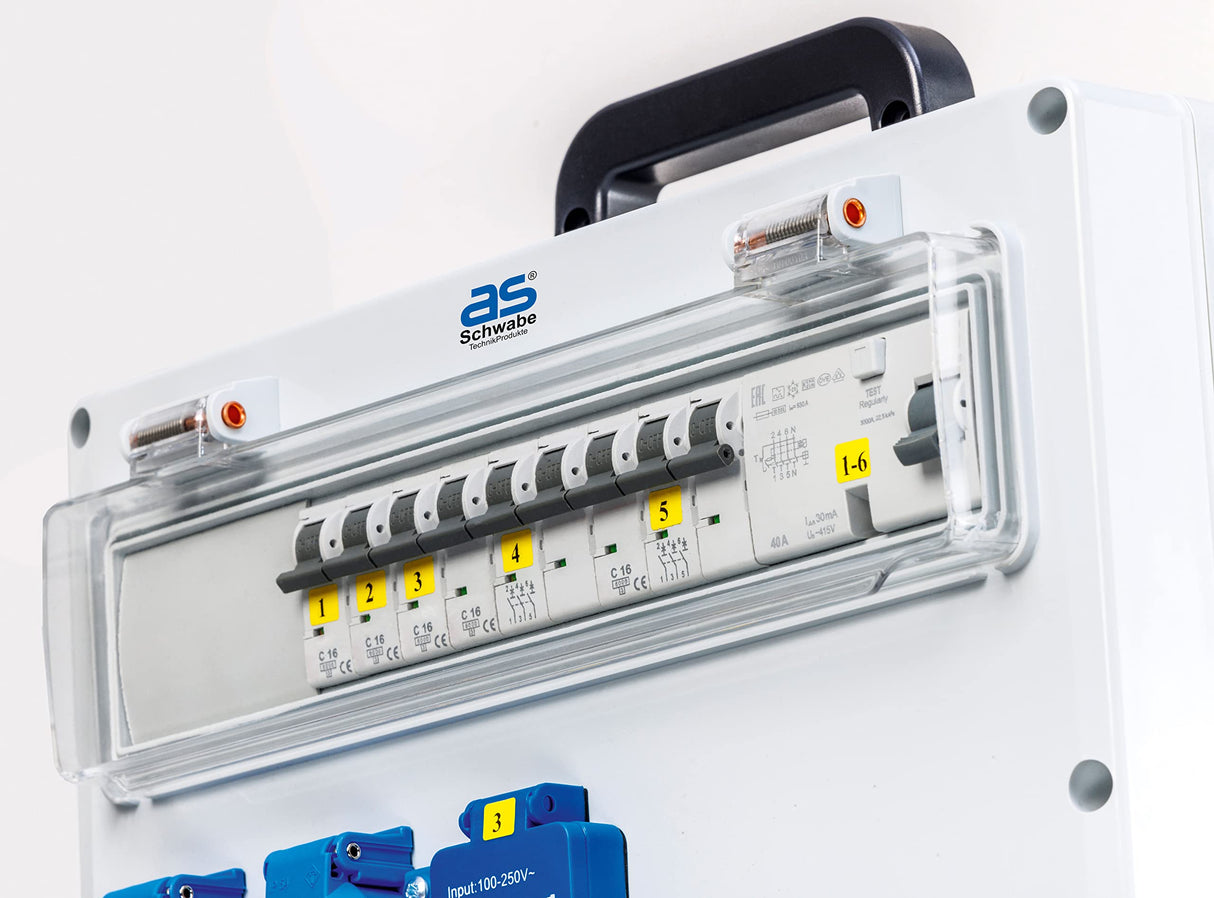 as Schwabe 61524 - Distribuidor de pared (CEE 400 V/32 A/22 kW, salida 5 Schuko, 2 CEE (400 V/16 A/5 pines), 1 CEE (400 V/32 A/5 pines), 2 x USB – Caja de distribución – IP44, 61524