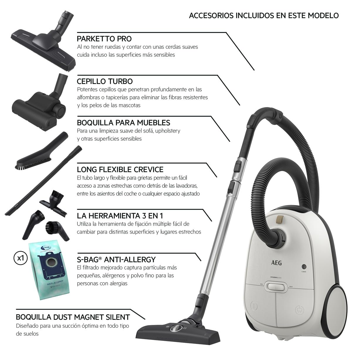AEG AB61H6SW Aspiradora de Trineo con Bolsa, 850W de Potencia, 3,5L de Capacidad, Radio de acción 12m, Ruedas XL, Filtro Lavable, 3 cepillos + 3 Accesorios, 10 años garantía Motor, Blanco