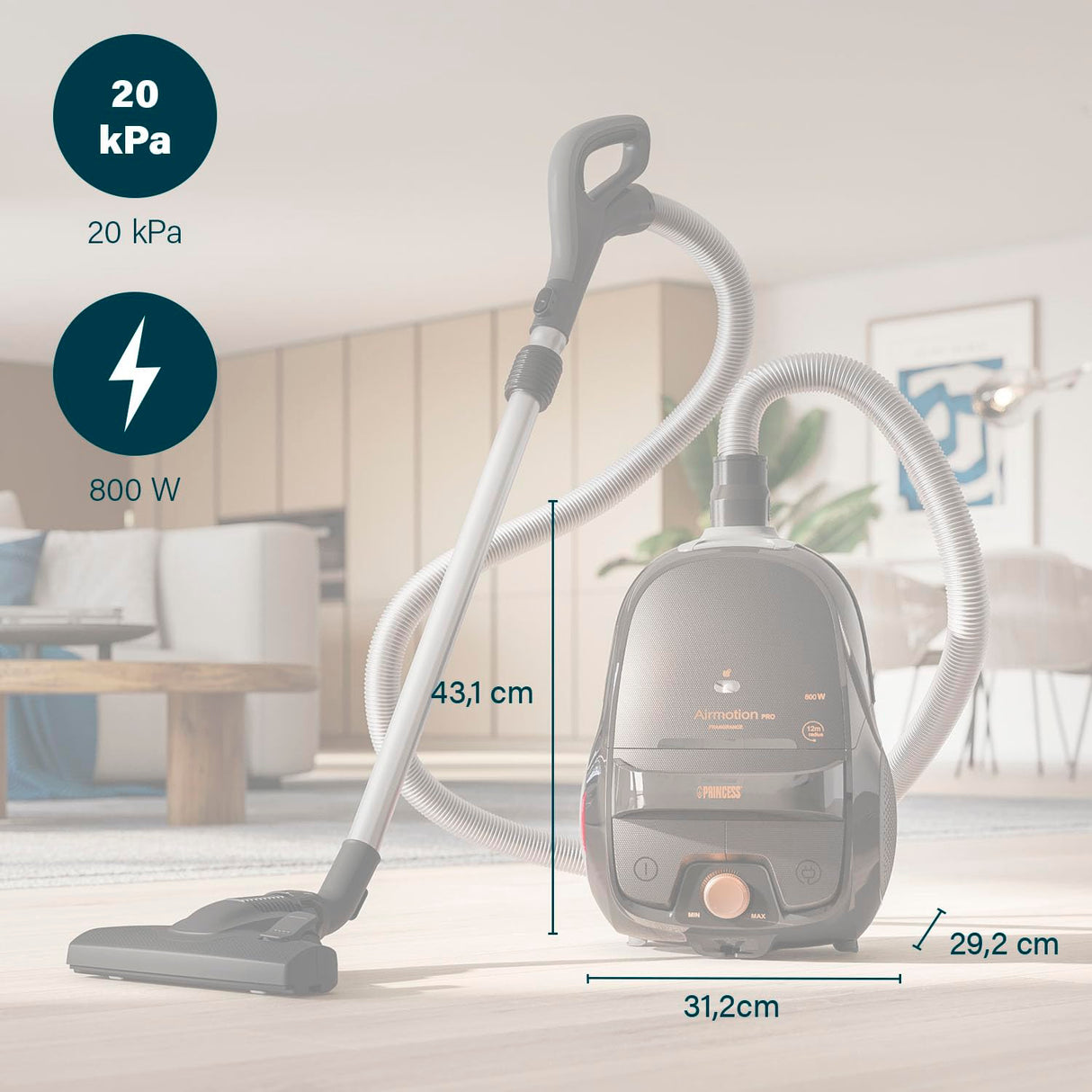Princess Airmotion Pro, Función Fragancia para Aire Fresco, Ligero & Compacto & Gran Capacidad 4L, maniobrable con 3 Ruedas, 4,5 kg, 800W, 21 kPa, Filtro HEPA, 12m, 68 dB, Aspirador con Bolsa 336090