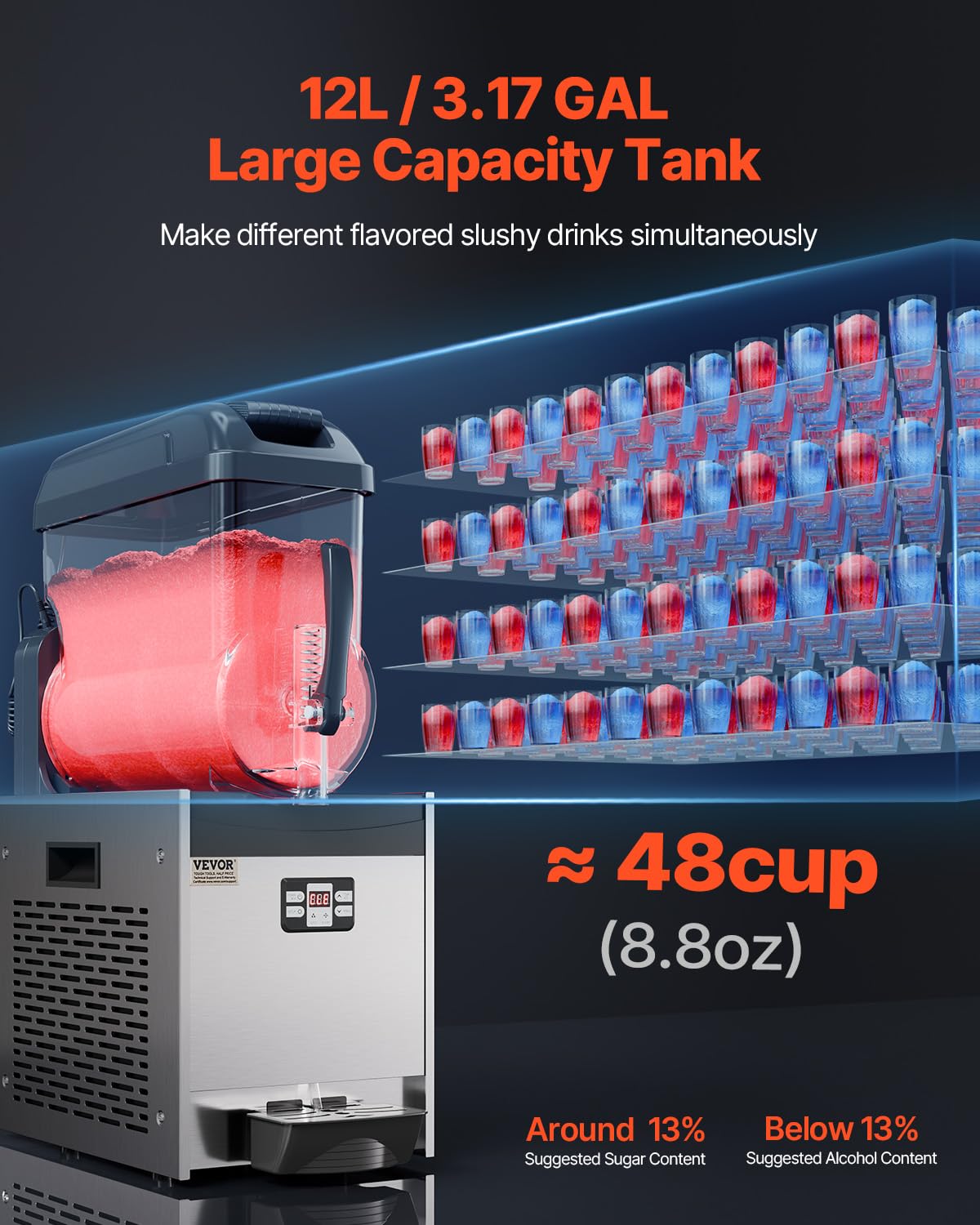 VEVOR Máquina de Granizados Comercial Máquina para Hacer Batidos Tanque de 12 L Máquina para Hacer Granizados de Acero Inoxidable de 48 Tazas para Fiestas en Hogar, Restaurantes, Cafeterías, Bares