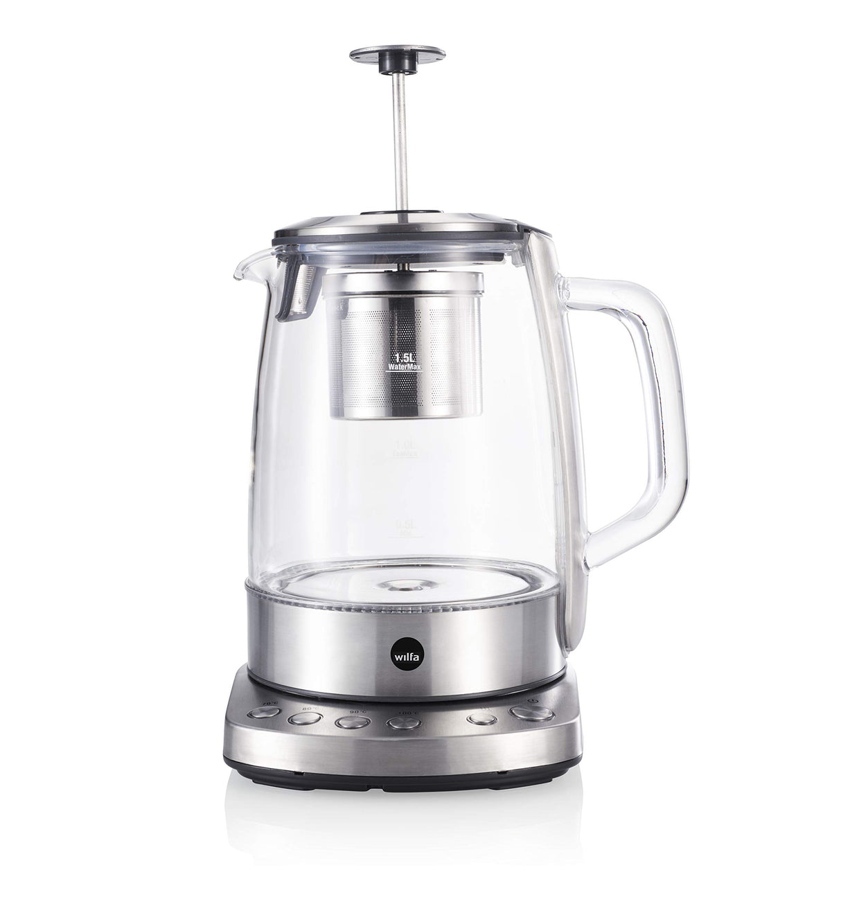 Wilfa CHA Tetera eléctrica - 2200 vatios, 1,25 litros de capacidad, tapa de preparación con filtro, 4 ajustes de temperatura, plateada