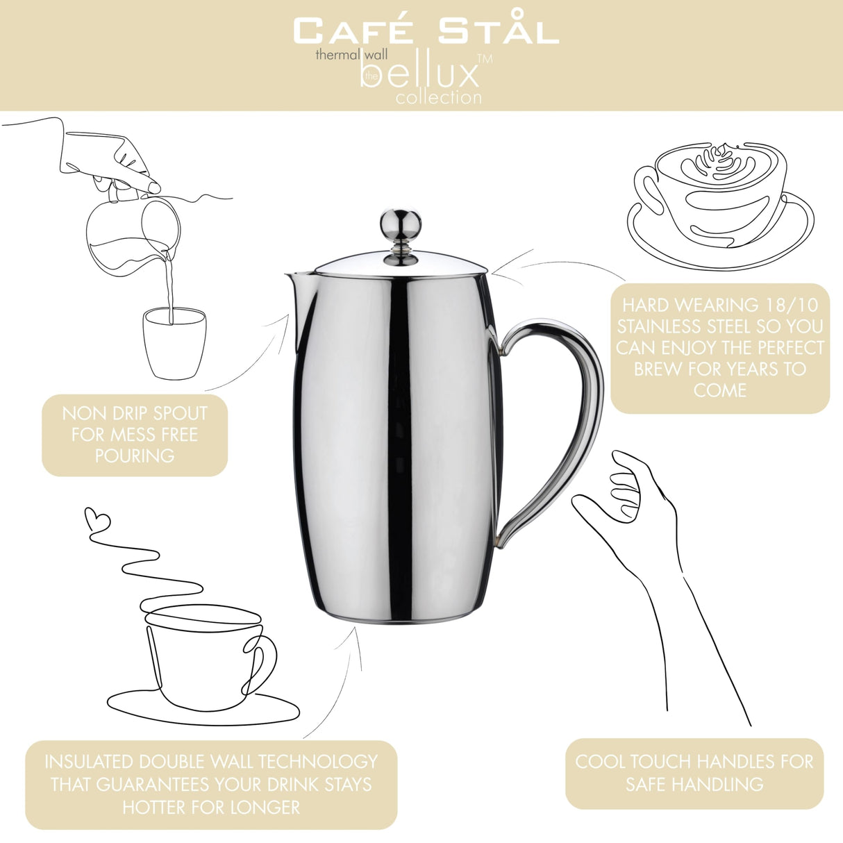 Café Stål Cafetiere, acero inoxidable, 12-Cup