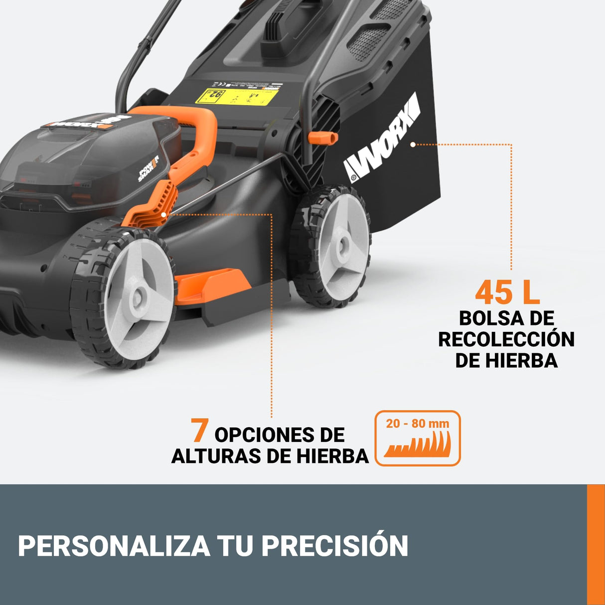 WORX Cortacésped 40V Máx. (2x20V) | PowerShare | WG743E | Incluye 2 baterías 4Ah y Cargador Doble | 40 cm | Ajuste de Altura | 6 Posiciones y 45 L de depósito