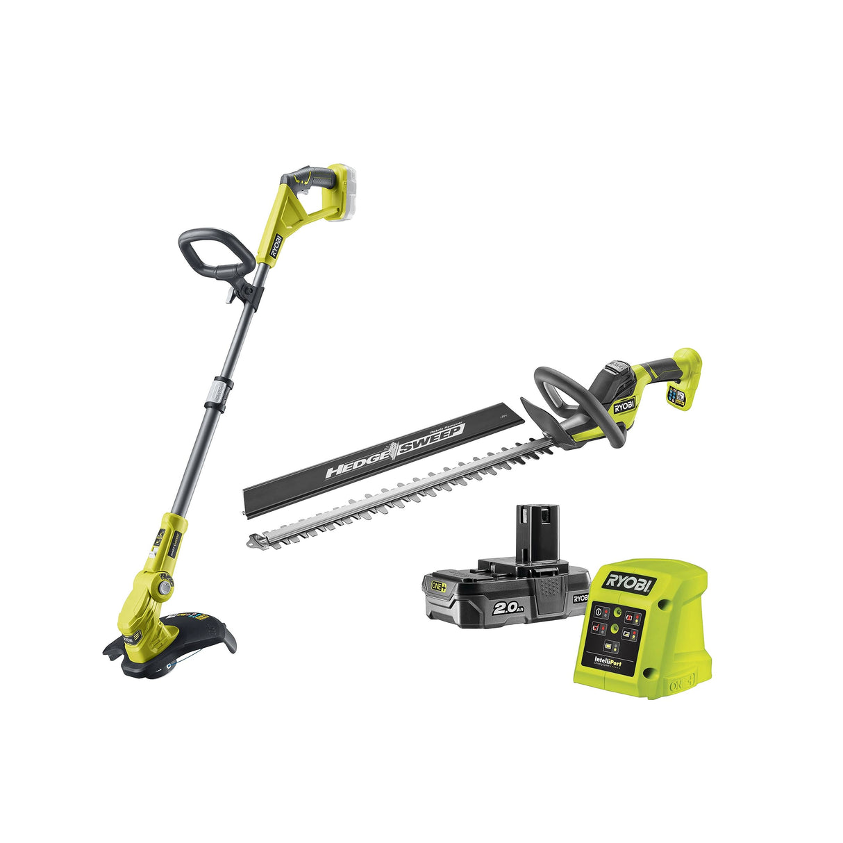Ryobi One+ Kit 2 en 1: Recortabordes/Delineador 25/30 cm OLT1832 + Cortasetos 55 cm RY18HT55A | Incluye batería 18V 2.0Ah Lithium+ y Cargador 1.7A | Sistema 18V One+ Compatible