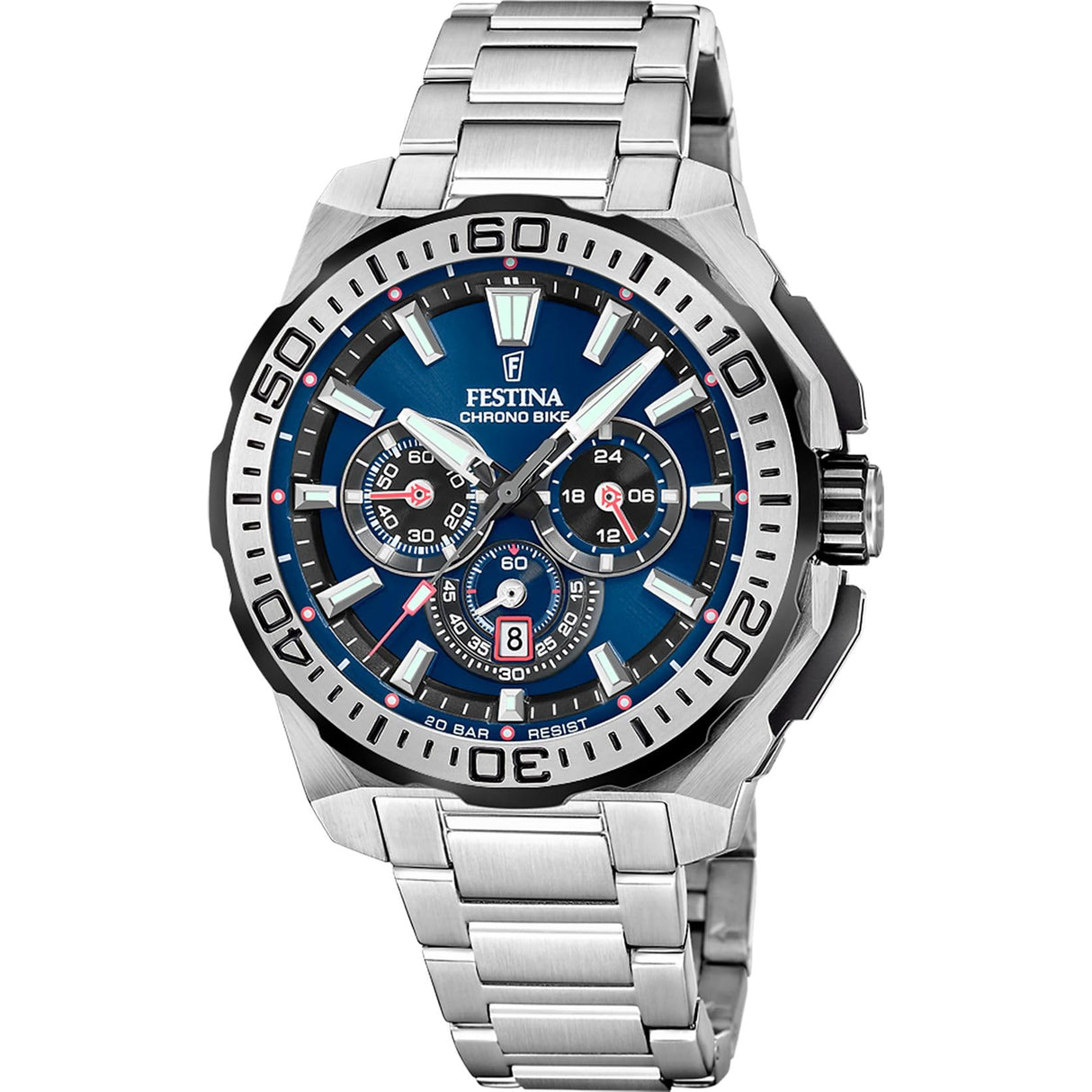 FESTINA Reloj Hombre Analógico de Acero Inoxidable 316l Plateado - Movimiento de Cuarzo - Cronógrafo - Calendario - Cristal Mineral de Alta Resistencia - Resistente al Agua 20 ATM F20724/2 Chrono Bike
