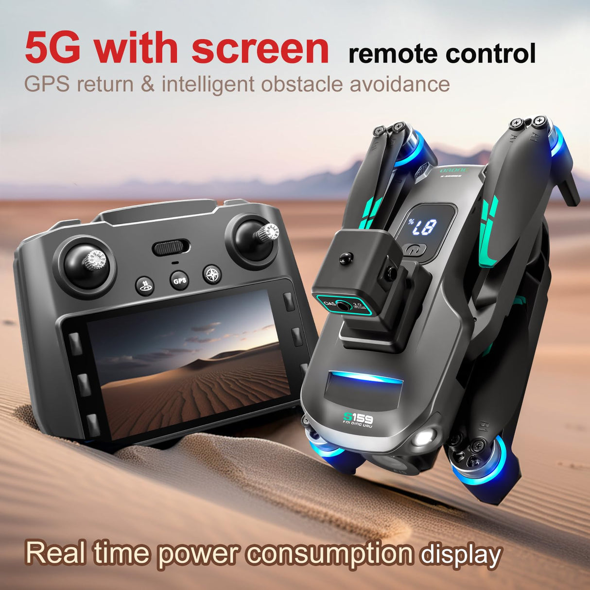 OBEST Drone GPS con Cámara 4K, Mando Distancia con Pantalla UHD 5.9", Dron Plegable con Tarjeta SD, 2 Batería 40Min, Transmisión FPV 5G, RC Cuadricóptero Adultos Estabilizador Seguimiento