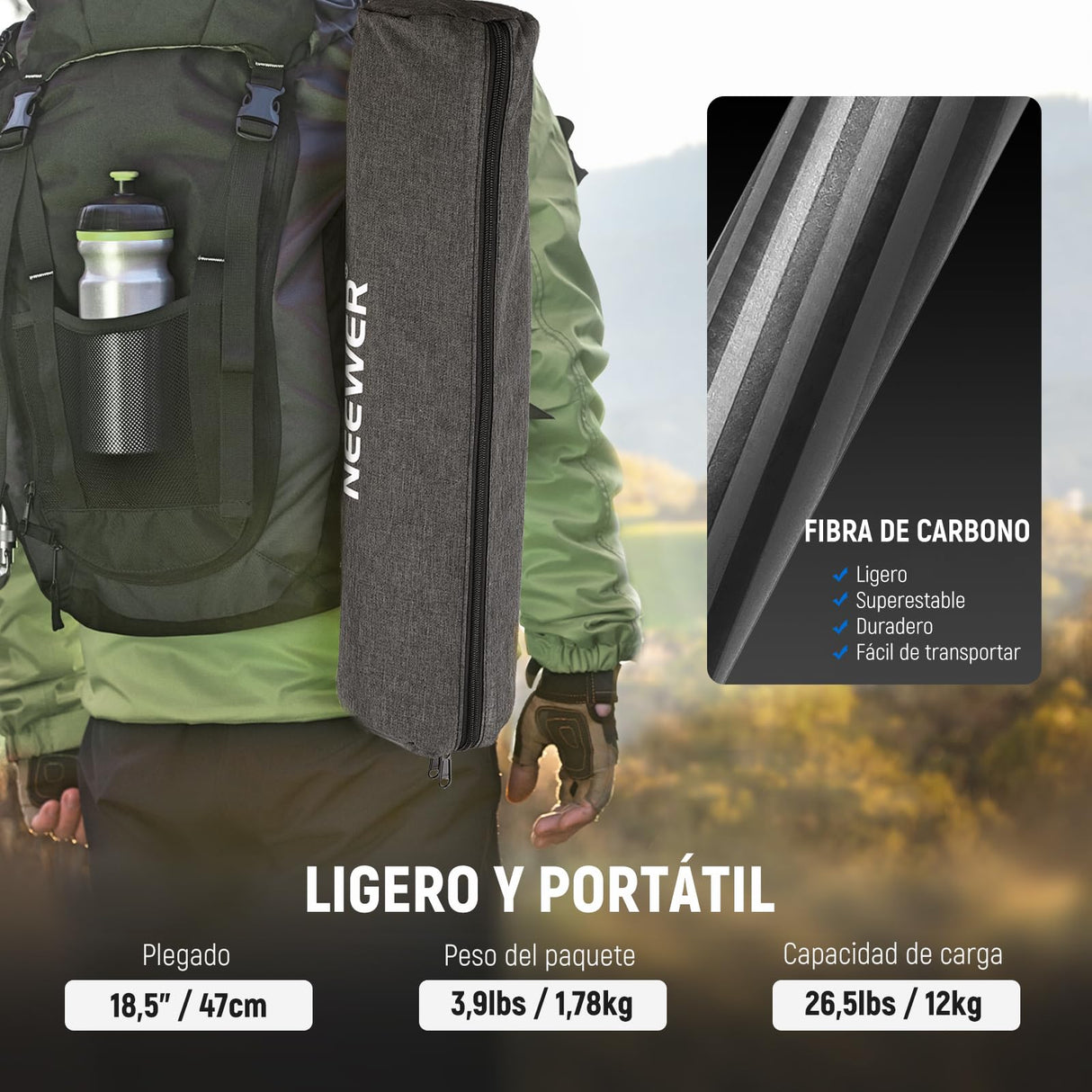 NEEWER 66"/168cm Trípode de Fibra Carbono para Cámara Cabeza de Bola Panorámica 360°,Placa Arca QR 1/4",Bolsa Portátil,Monopié Trípode Viaje Compacto Videocámara DSLR,Carga Máxima 26.5lb/12kg,N55C