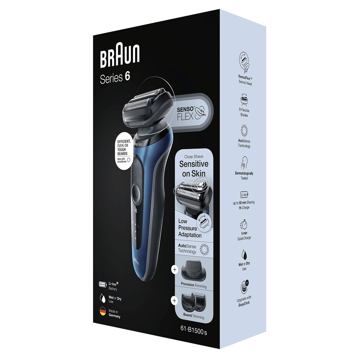 Braun Series 6 61-B1500s - Afeitadora eléctrica para hombre, con accesorio EasyClick, afeitadora eléctrica y recortadora de barba, SensoFlex, Wet&Dry, recargable e inalámbrica
