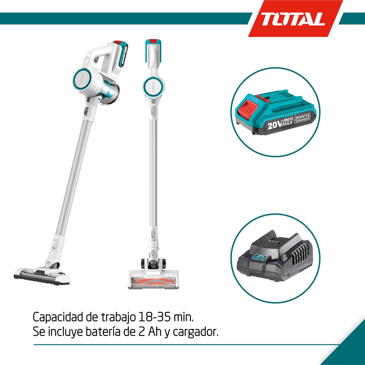 TOTAL - Aspirador Inalámbrico a Batería P20S de 20 V | Aspiradora Tipo Escoba| Depósito de 800 ml | Aspiradora Ciclónica y Vertical sin Bolsa | Filtro HEPA | Incluye 1 Batería de 2 Ah y Cargador