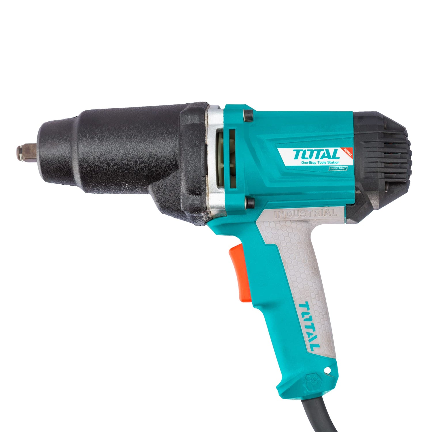 TOTAL - Llave de Impacto a Cable de 550 Nm - Pistola Neumática Eléctrica - Carcasa de Aluminio con Protector de Goma - Incluye un Adaptador y 6 Llaves de Vaso