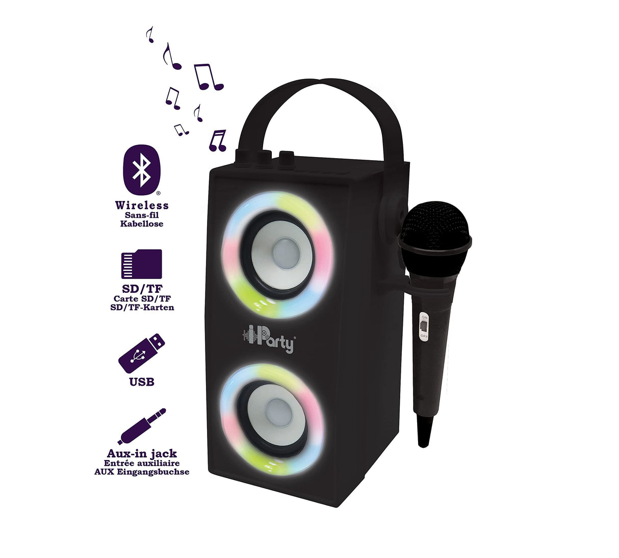 LEXIBOOK, iParty, Altavoz Luminoso Bluetooth portátil con micrófono, Efectos de luz, Karaoke, inalámbrico, USB, Tarjeta SD, batería Recargable, Negro, BTP180BKZ