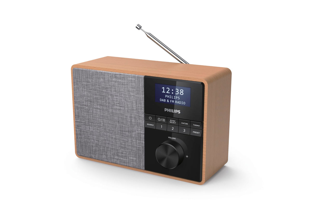 PHILIPS AUDIO TAR5505/10 Radio, Carcasa de Madera, Radio Dab+/FM, Temporizador de Cocina, Alimentación por Red o Batería, Color Marrón/Gris con Bluetooth