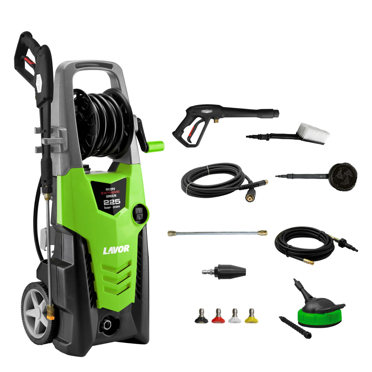 Lavor Hidrolimpiadora de agua fría IKON 225 Extreme con sistema de espuma ajustable, 2 cepillos, accesorio para limpiar suelos, Presión max 225 bar, Caudal max 300 litros por hora, Motor 2300 Watt