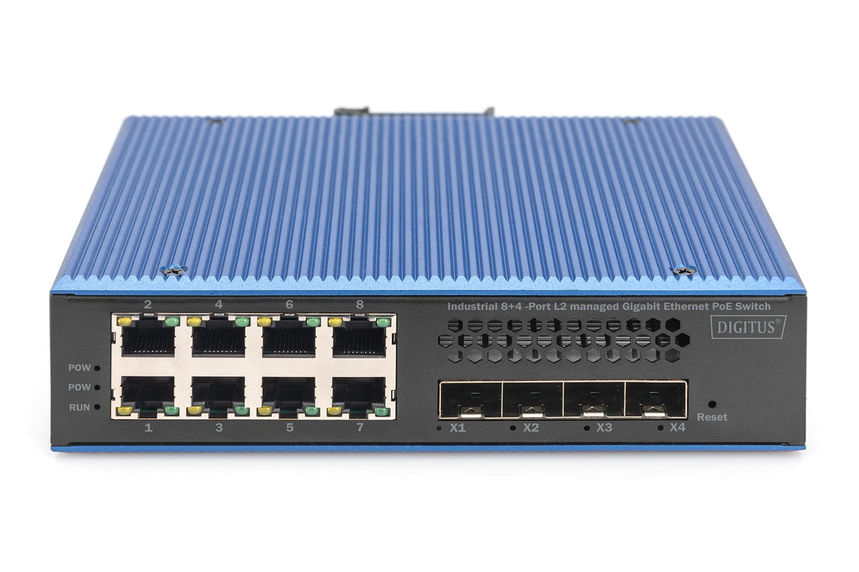 DIGITUS Conmutador de Red PoE - 12 Puertos Gigabit Ethernet - 8X RJ45 + 4X SFP+ 10 Gigabit - IP40 - L3 gestionado, VLAN - 10/100/1000 Mbit/s - Montaje en Carril DIN - Serie Industrial - Negro/Azul