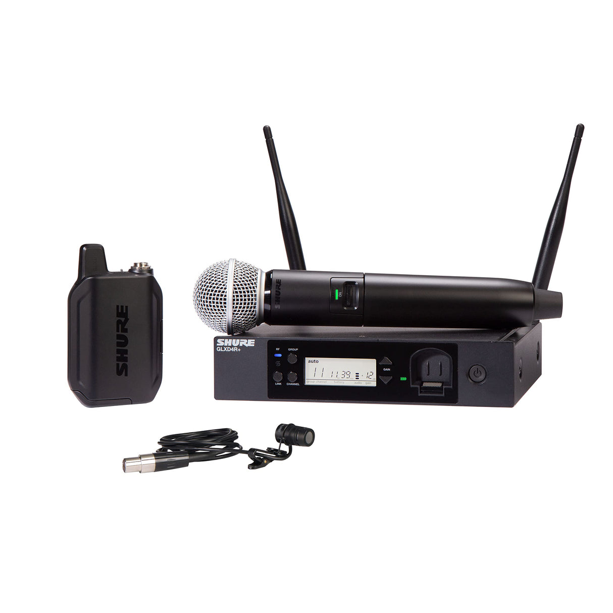 Micrófono inalámbrico Shure GLXD124R+/85 de doble banda con batería de 12 horas y alcance de 30m, incluye micrófonos de mano y solapa, receptor de un solo canal en rack.