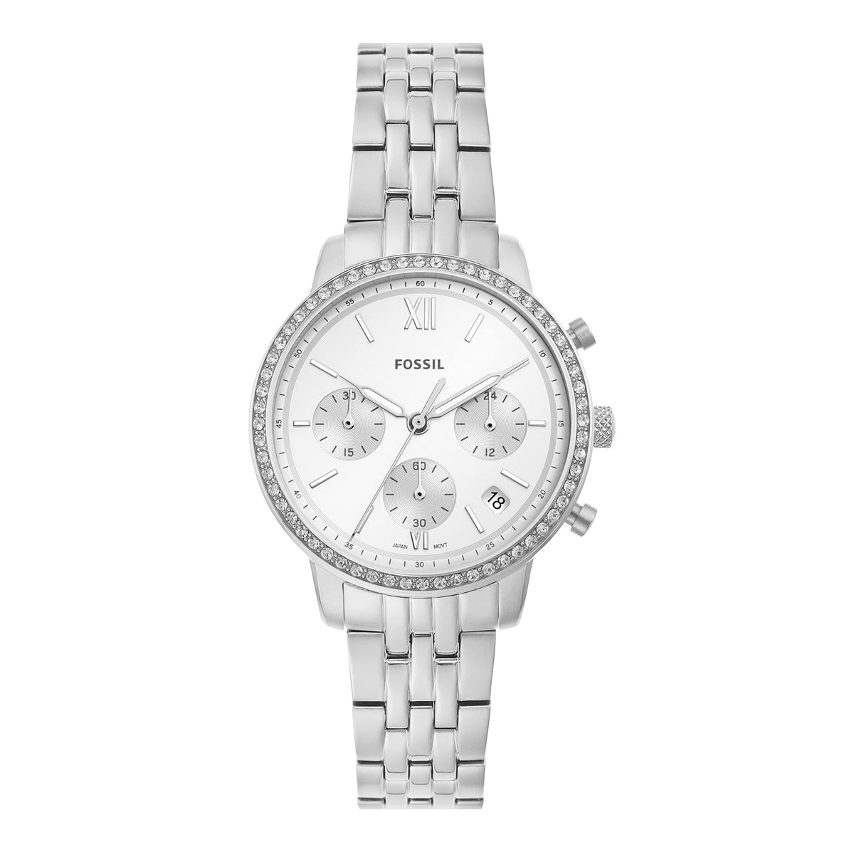 Fossil NeutraReloj para mujer, movimiento cronógrafo con correa de acero o piel, Tono plata y blanco, 36MM