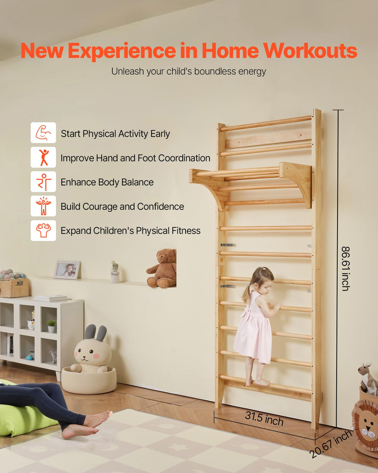 VEVOR Interior de Madera Maciza Niveles, Escalera de Escalada Carga de 99,8 kg, Gimnasia con Barra de Dominadas para Niños y Adultos, Color (10-Level Solid Wood Indoor Jungle Gym)