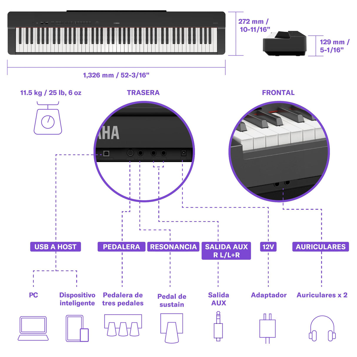 Yamaha P-225 piano digital ligero y portátil, con teclado Graded Hammer Compact, 88 teclas y 24 voces de instrumentos, negro
