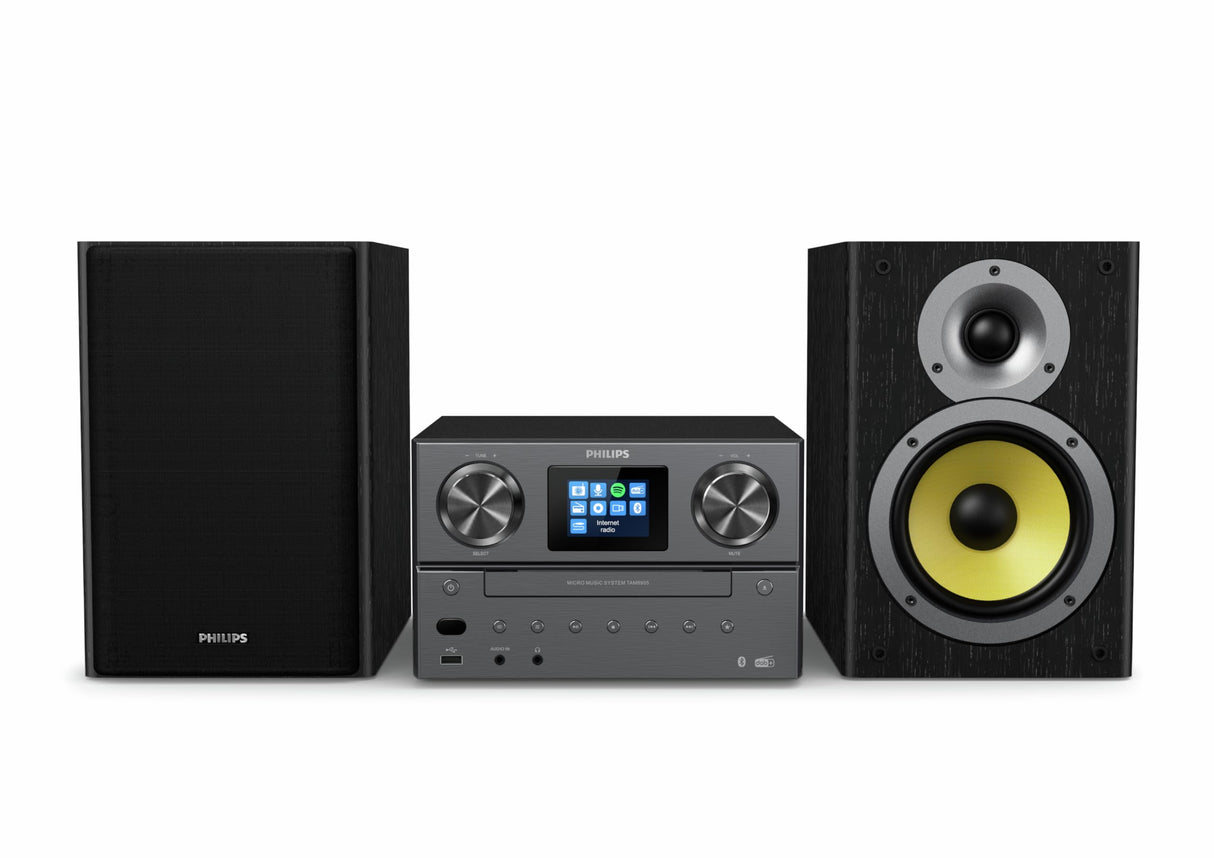 Philips TAM8905 Sistema de música Micro 100W, Bluetooth, Spotify Connect, Radio por Internet, Dab+, CD, USB, Altavoces Bass-Reflex, Control Digital de Sonido, diseño clásico con Pantalla a Color