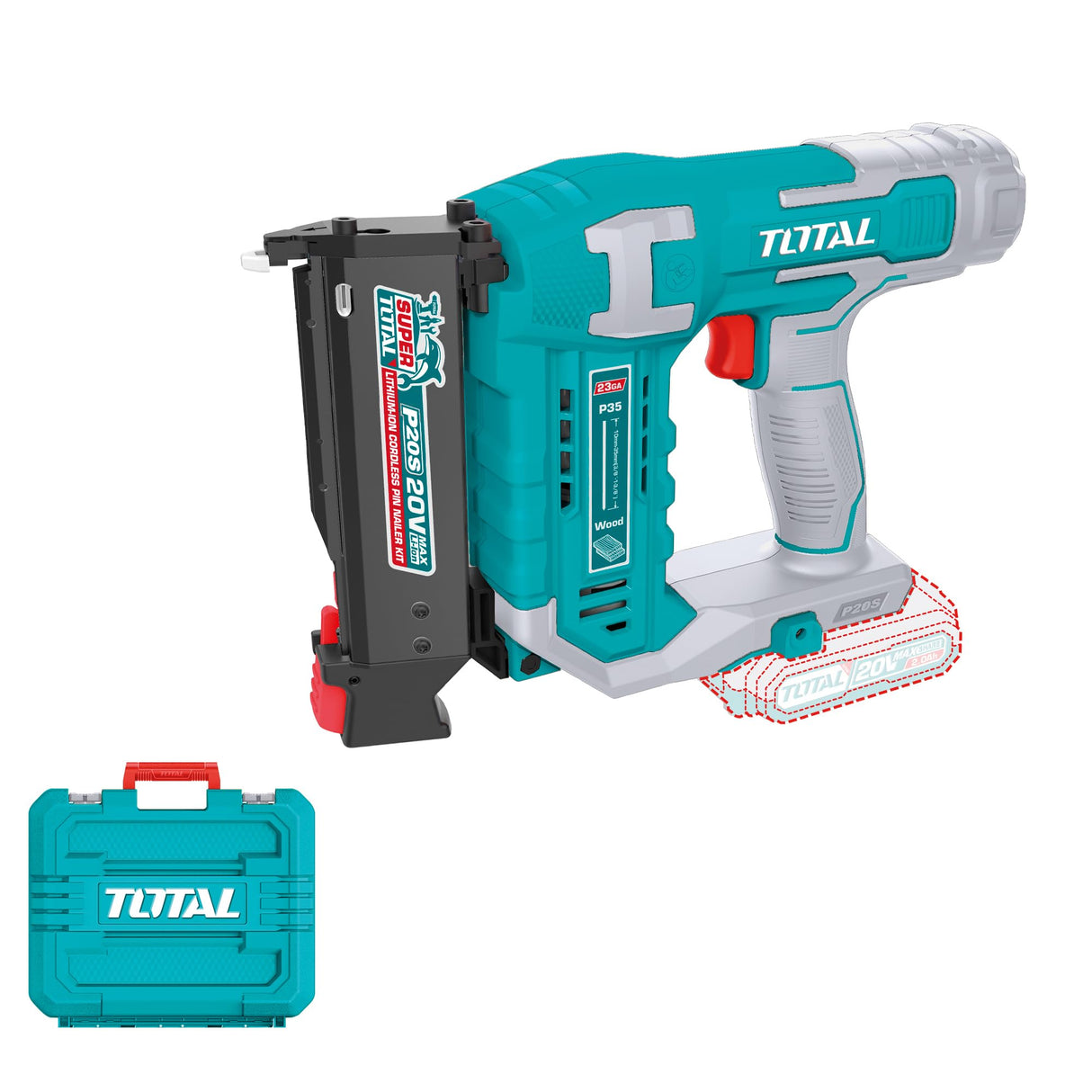 TOTAL - Clavadora de Pins a Batería 20V | 3 Pines | Compatible 10-35 mm | Cargador 140 Pines | Modelo TCBNLI3603 | Herramienta Eléctrica con Maletín y 3600 Pines Incluidos