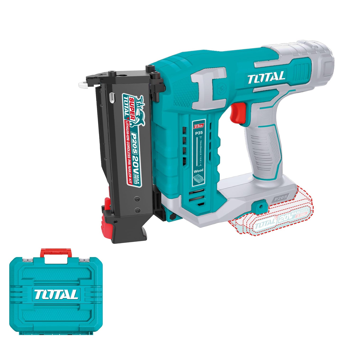 TOTAL - Clavadora de Pins a Batería 20V | 3 Pines | Compatible 10-35 mm | Cargador 140 Pines | Modelo TCBNLI3603 | Herramienta Eléctrica con Maletín y 3600 Pines Incluidos