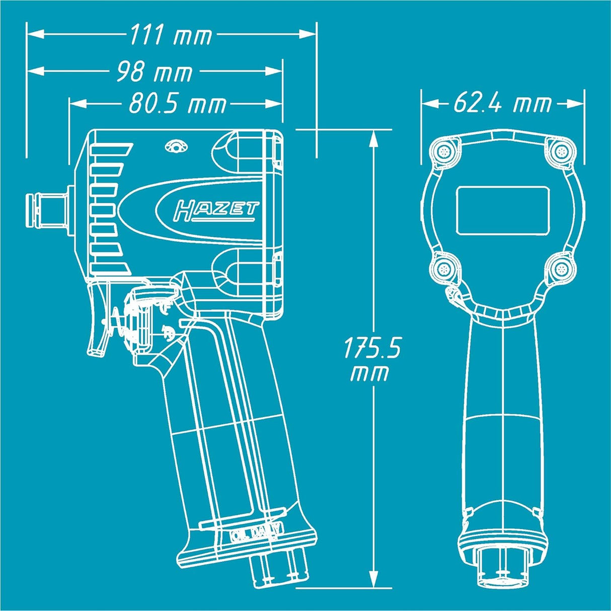 Llave de impacto neumática HAZET 9012M-1 I Extra corta - sólo 80 mm, Max. par de apriete: 1200 Nm, cuadrado 12,5 mm (1/2 pulgada) diseño compacto para trabajar en espacios reducidos