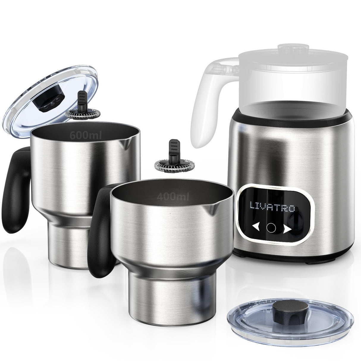 Livatro Espumador De Leche Eléctrico Con Doble Taza 600ml & 400ml, Espumador Leche Eléctrico Que No Quema La Leche, Lavavajillas,Acero Inoxidable,Para Leche Caliente Y Fría,Chocolate Y Comida De Bebé