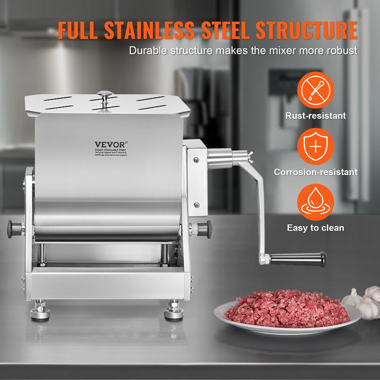 VEVOR Mezcladora de carne manual, mezcladora de carne con tanque inclinado con capacidad de 15 libras, equipo de procesamiento de carne de acero inoxidable