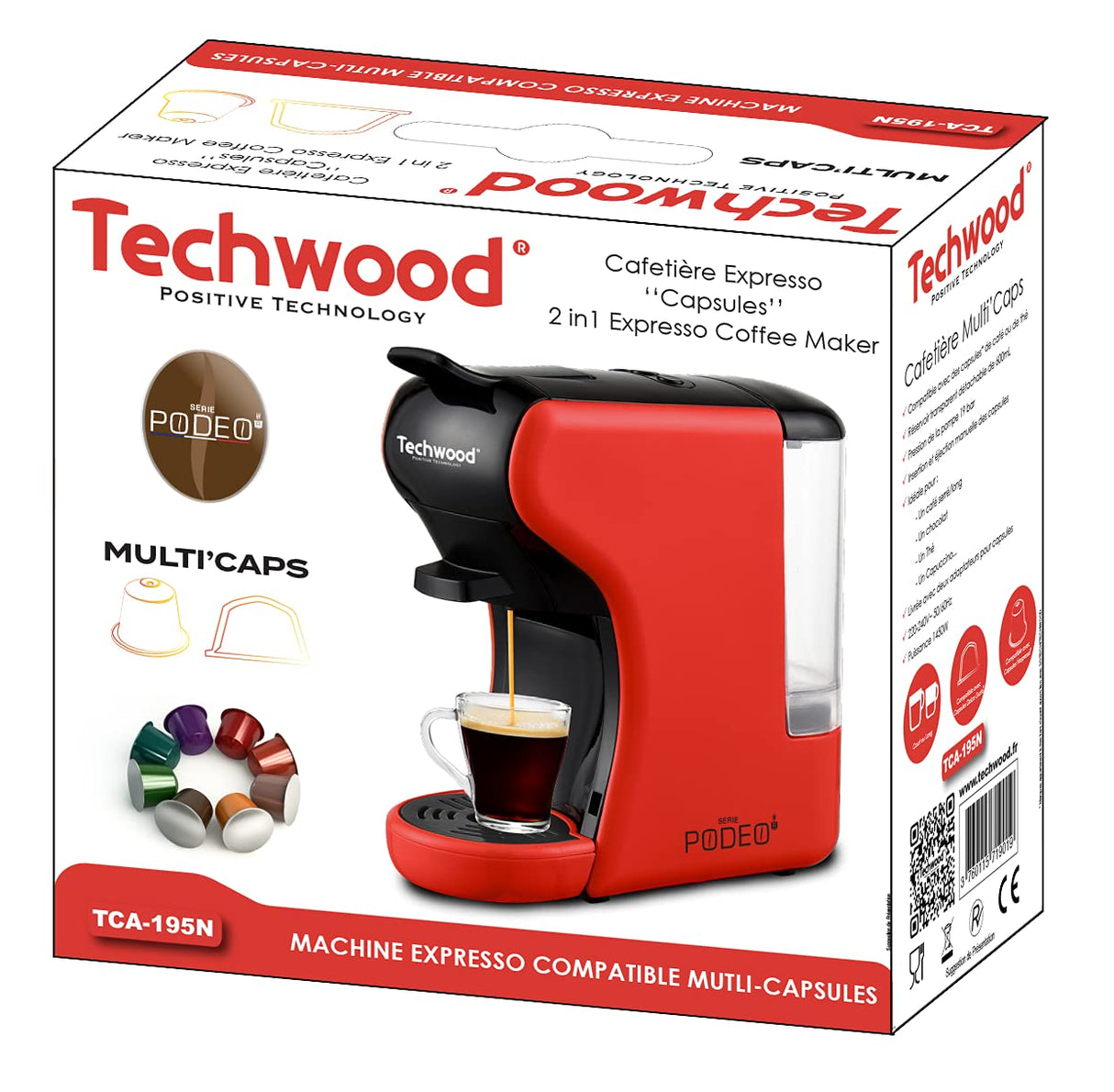 Techwood TCA-195N, Cafetera de café (varios cápsulas), color rojo