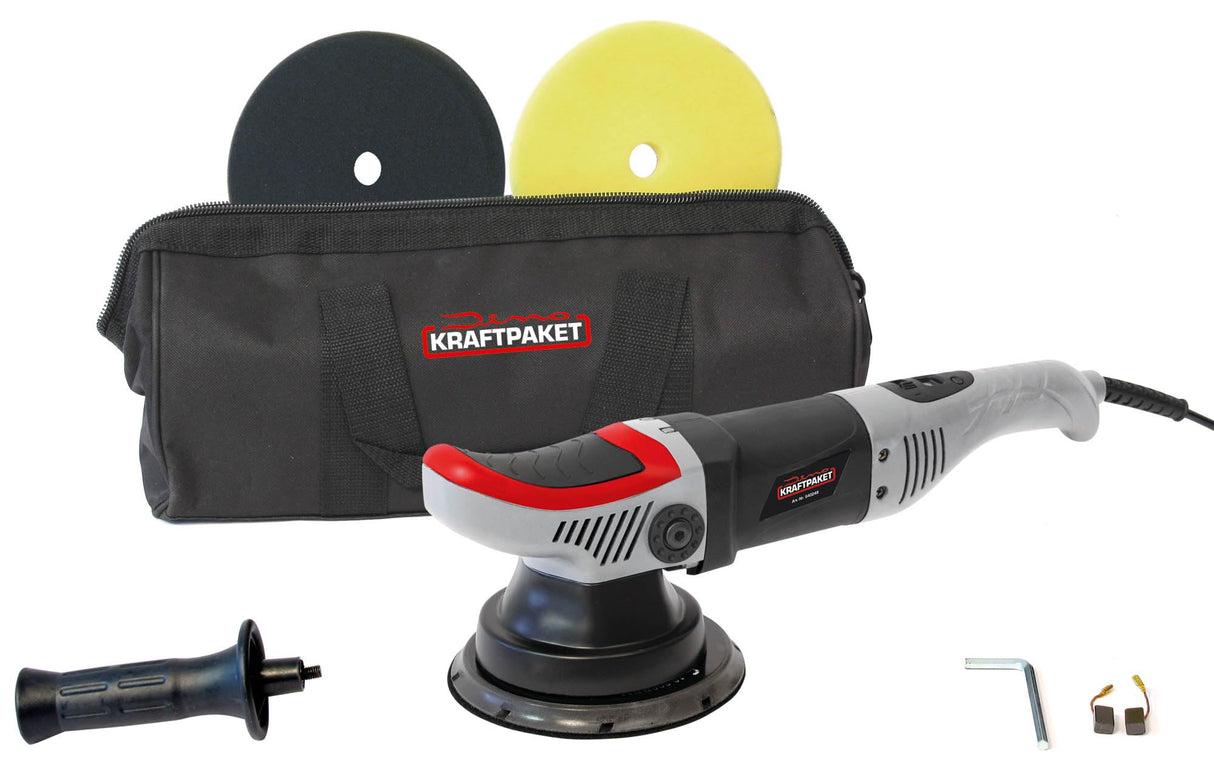 Dino KRAFTPAKET 640247 8 mm-710 W - Pulidora excéntrica con rotación Forzada, Juego con Esponja de Pulido de 125 mm, Funda para Coche y Barco, Color Gris