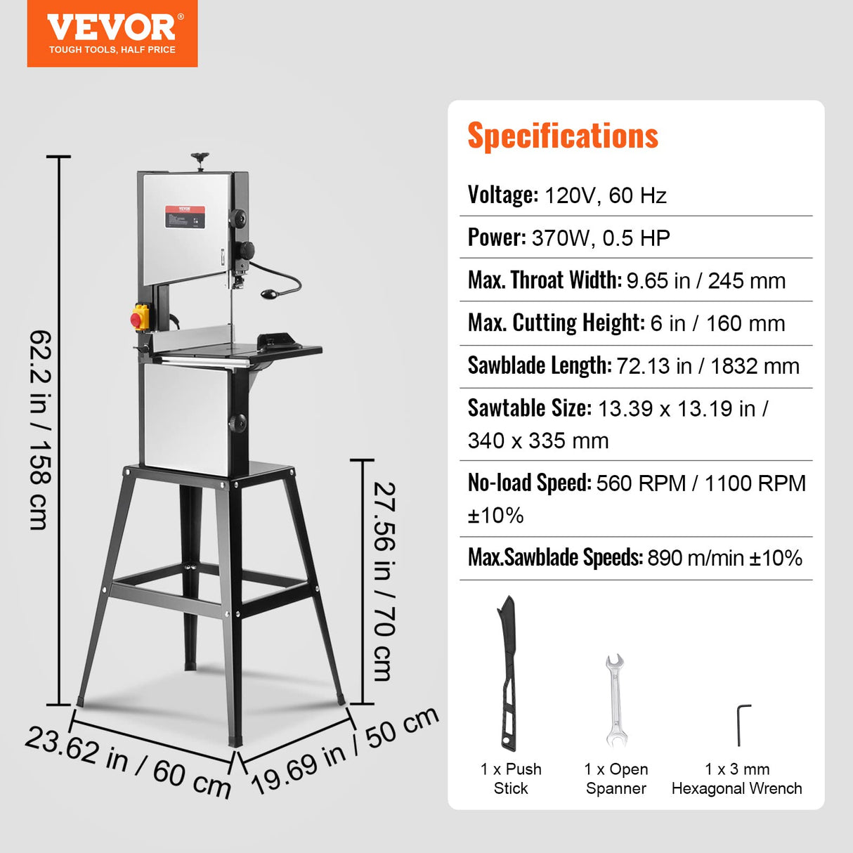 VEVOR 370 W Sierra de Cinta con Soporte de Mesa de Dos Velocidades de 506 RPM/920 RPM con Guía y Calibre de Inglete, Ancho de Garganta 245 mm, Altura de Corte de 160 mm para Carpintería, Aluminio
