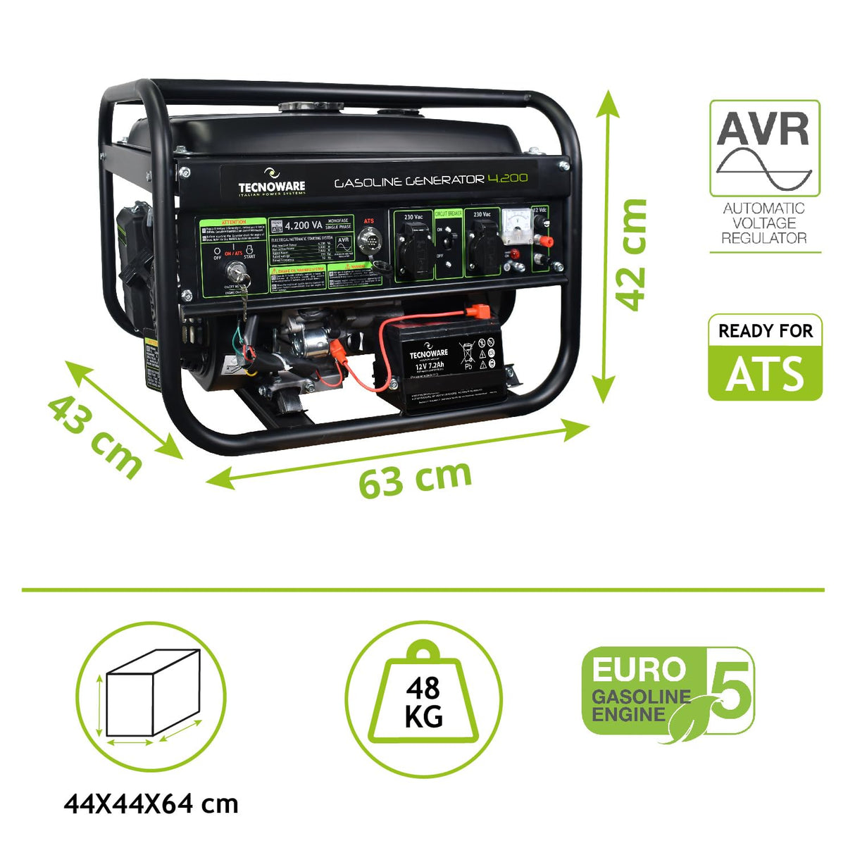 Tecnoware Power Systems - Generador de Corriente 4200 VA, Motor Gasolina 4 Tiempos, Arranque Eléctrico y Manual, Depósito 15L, Compacto y Portátil, Ideal para Camping y Construcción
