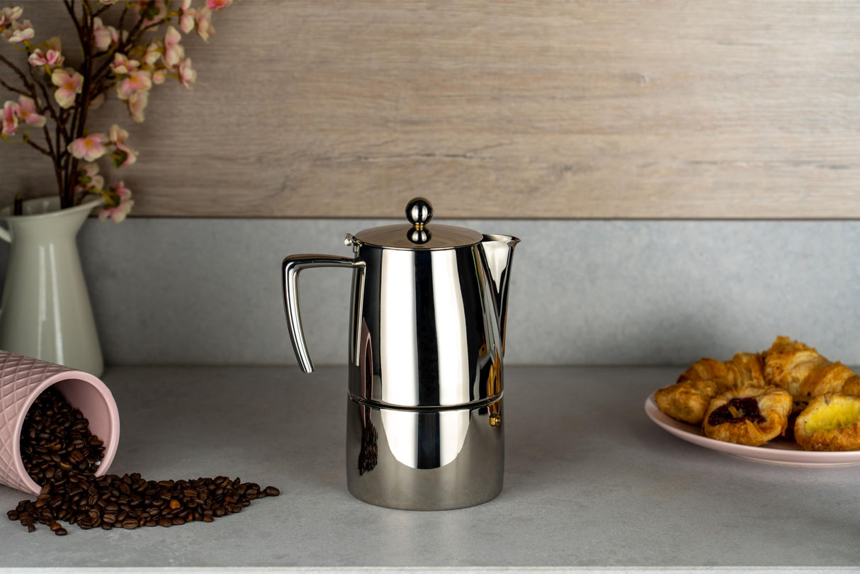 Café Stål DEC-04M Art Deco 18/10 Cafetera espresso de acero inoxidable con asas huecas de tacto frío, espejo, 4 tazas, pulido de alto brillo